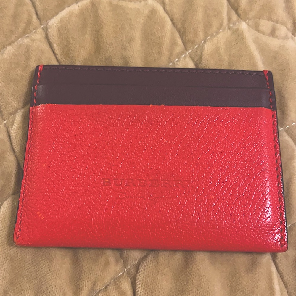 Burberry Red Unisex Pebbled Leather Card Holder Wallet
